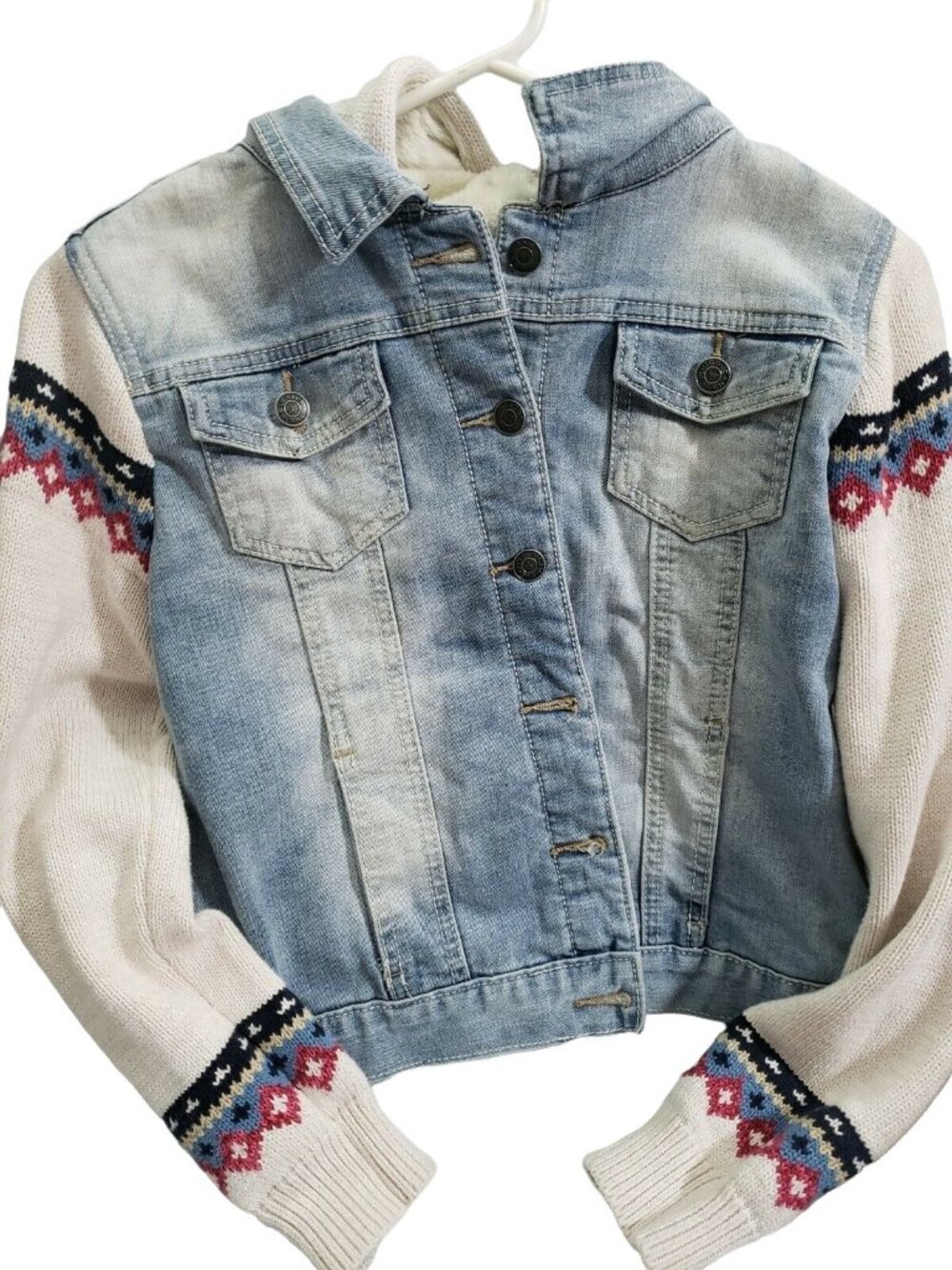 NWT Vigoss Denim & Tan Sweater Jacket Size 14 Faux Fur Lining With Hood
